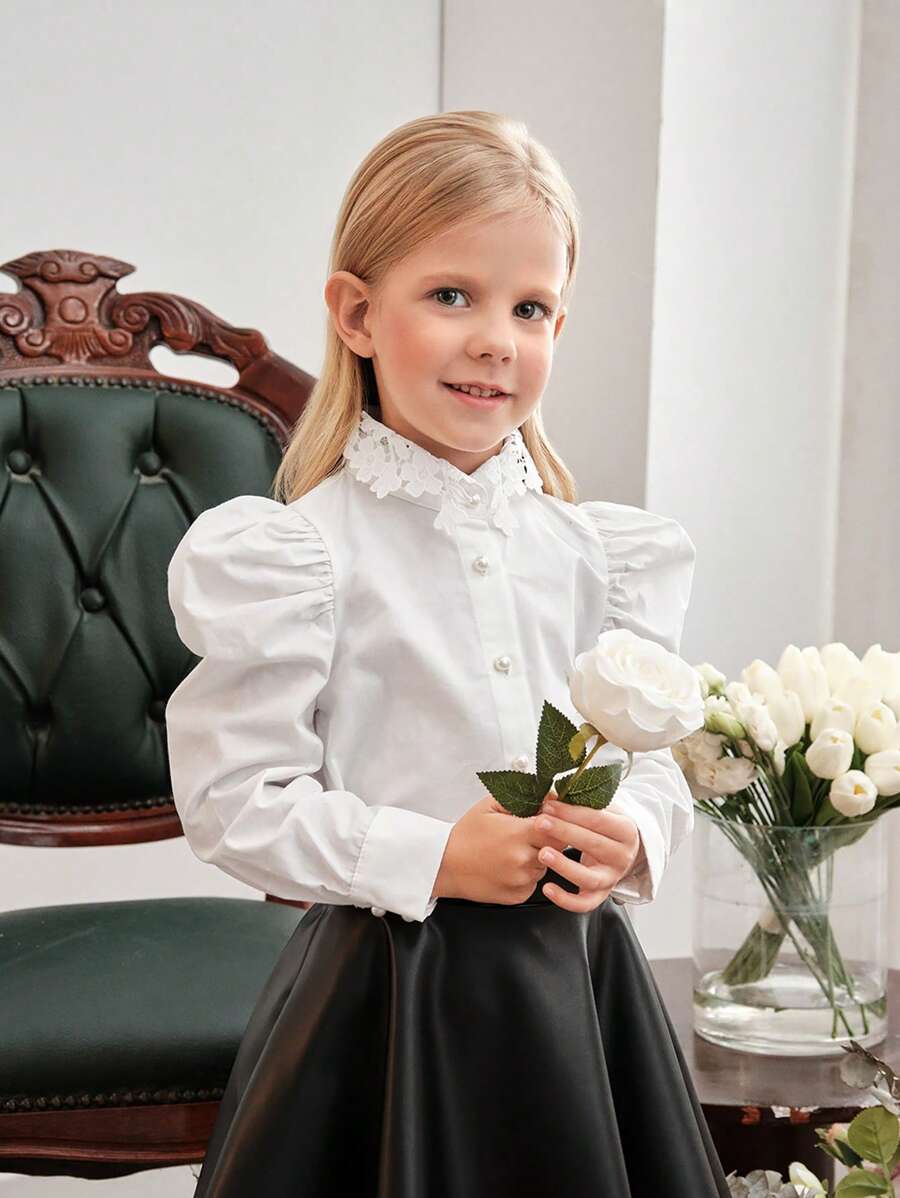 SHEIN Leap Crew 年輕女孩對比花邊泡泡袖襯衫