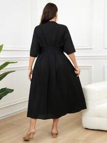 Mulvari Plus Size Women's Summer Solid Color Notched V-Neck Bat Short Sleeve Long Elegant Dress