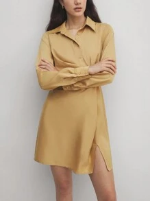 BizChic Damen elegantes Satinkleid mit Revers, Langarm, für Büro und Geschäft, formelle Arbeitskleidung - Gelb - Übersicht 1