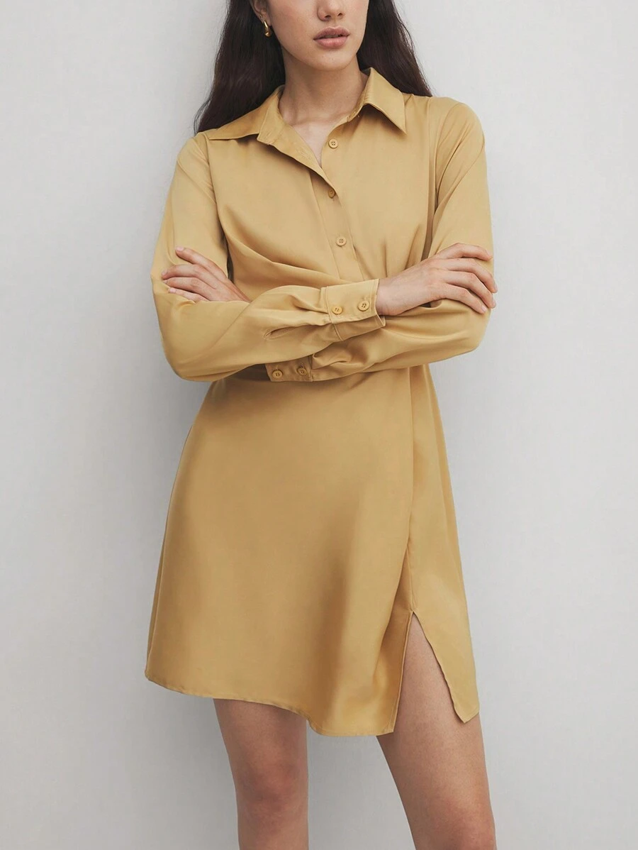 BizChic Damen elegantes Satinkleid mit Revers, Langarm, für Büro und Geschäft, formelle Arbeitskleidung - Gelb - Übersicht 1