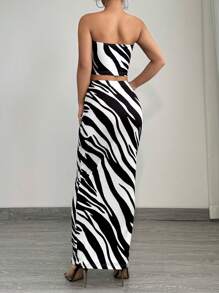 SHEIN SXY 2pcs Women Summer Fashionable Zebra Print Tube Top And Bodycon Skirt Set