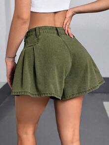SHEIN EZwear 女士夏季休闲水洗阔腿牛仔短裤 - 軍綠色 - 查看 2
