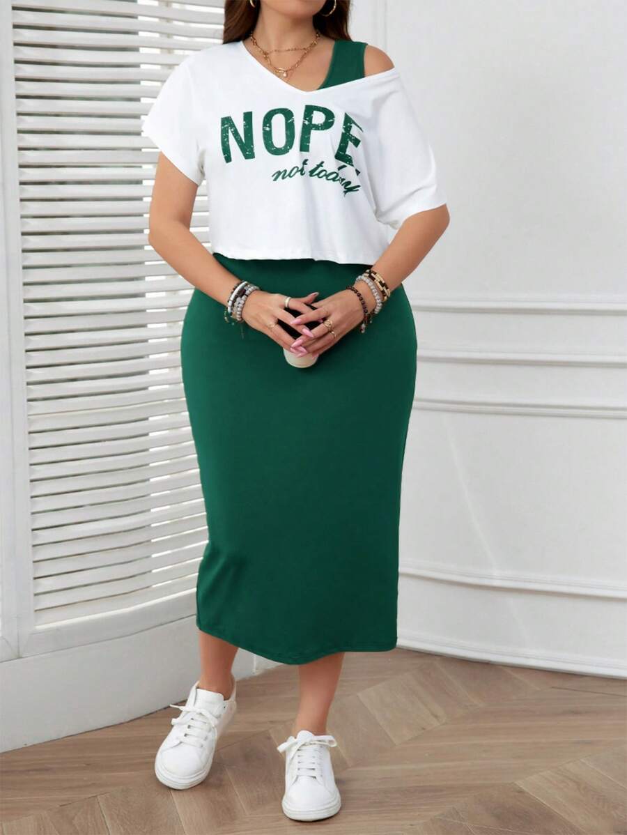 SHEIN LUNE 2 chiếc áo phông tay ngắn in chữ cỡ lớn cho nữ mùa hè và váy không tay trang phục thường ngày váy hai mảnh