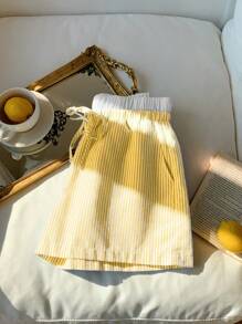 Comfortcana Women Woven Striped Shorts With Double Elastic Waistband, Summer - Yellow - View 6