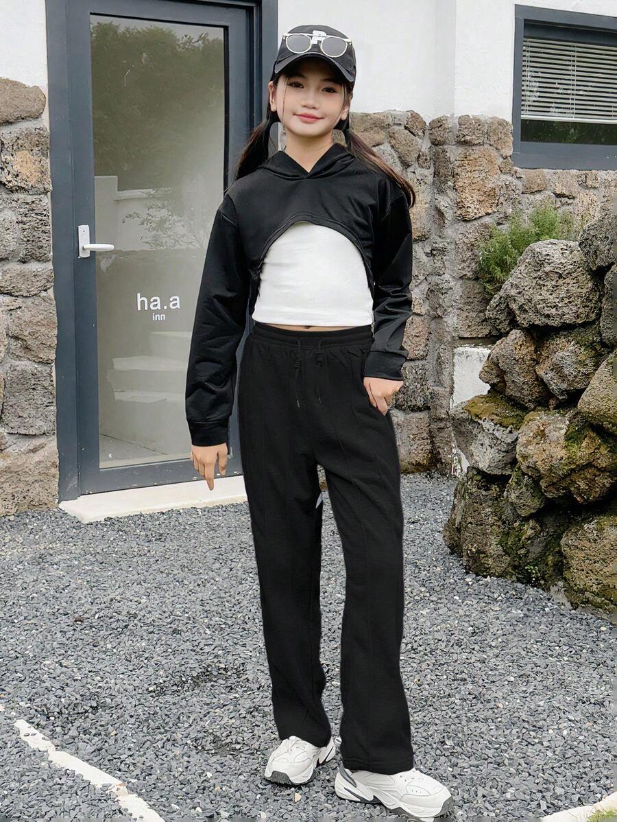 Girls Casual Knit Straight Leg Sweatpants - Black - View 1