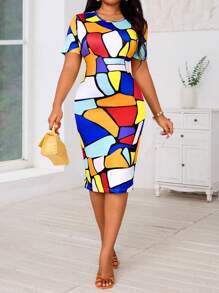 SHEIN Lady Vestidos de talla grande de manga corta, cuello redondo, lápiz y midi de punto de colores, casuales de primavera y verano