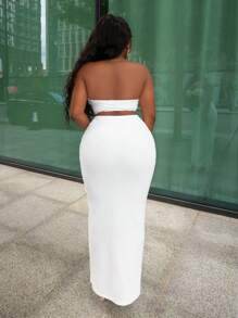 Slaydiva 2 pièces Top bandeau et jupe maxi texturée à volants et taille haute pour femme, tenue tout en blanc, pour vacances et fête sur la plage
