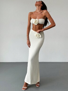 Aloruh 2 pezzi/Set Top corto fasciante strapless floreale romantico color albicocca + Gonna lunga maxi floreale, Outfit da spiaggia per vacanze per donne