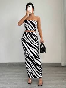 SHEIN SXY 2pcs Women Summer Fashionable Zebra Print Tube Top And Bodycon Skirt Set