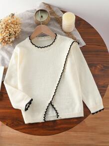 少女优雅休闲圆领白色开衩下摆毛衣，不对称下摆针织上衣，秋季新款 - 杏色 - 查看 9