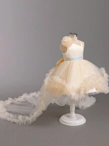 SHEIN Glamorique Kids Rochie de prințesă cu coadă din plasă cu paiete pentru fetițe de culoare șampanie, rochie de petrecere de Crăciun cu bretele de umăr