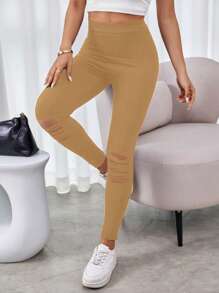 SHEIN Unity Women's Solid Color Distressed Basic Leggings, Casual Everyday Wear Fall Cloth For Women - Brown - View 6