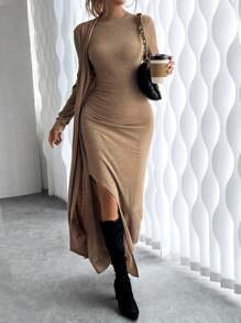 Chiquease Vestido largo liso de manga larga con bajo dividido, vestido largo nude sencillo para mujeres, casual y para vacaciones - Marrón - Ver 4