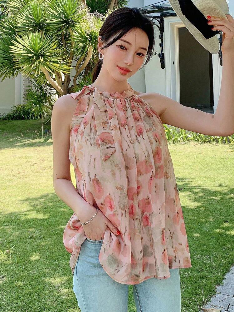 Women Floral Print Collared Tie Neck Sleeveless Blouse For Summer Going Out Tops Cruise Outfit For Women