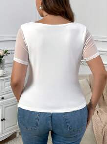 SHEIN Privé 大码简约拼色荷叶边领口 T 恤，夏季 - 白色 - 查看 2