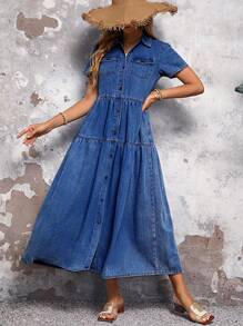 SHEIN LUNE Váy denim ngắn tay đơn giản màu trơn cho nữ - Rửa tối - Xem 1