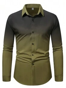 Manfinity Homme 男士漸層色長袖商務出差襯衫，春季/夏季 - 軍綠色 - 查看 4
