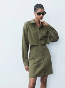 Maija 女士春秋休闲纯色前扣衬衫裙 - 軍綠色 - 查看 4