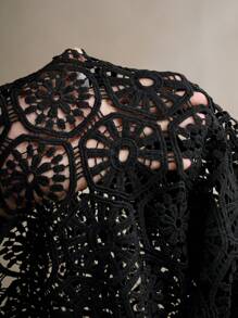 Anewsta Women Black Lace Gathered Waist Lantern Sleeve Top