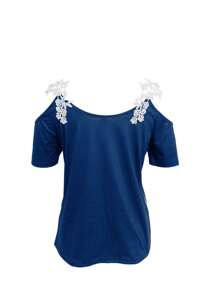 SHEIN LUNE Women Summer Casual Floral Lace Trim Off Shoulder Short Sleeve T-Shirt