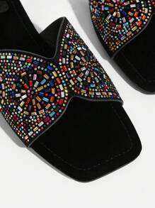 CUCCOO TILAWA New Women Outdoor Flat Sandals, Pointed Toe Fashion Rhinestone Black Velvet Slippers, Soft Bottom Casual Comfortable Summer Party Office Shoes Spring Shoes - Black - View 5