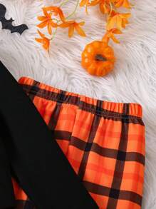 SHEIN Conjunto de 3 peças de bolsa crossbody de abóbora redonda para meninas, com estampa de abóbora de Halloween, gola simulada, manga comprida, leggings xadrez laranja, conjunto de 3 peças, adequado para outono, festa de Halloween, casual, passeios diários, festa, reunião de família, escola, presente de aniversário, piquenique, roupas de irmã combinando