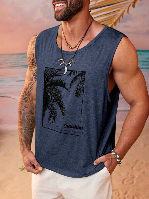 EASEVO Camiseta de tirantes informal holgada de punto con estampado de palmeras para hombres de talla grande, ideal para vacaciones de verano
