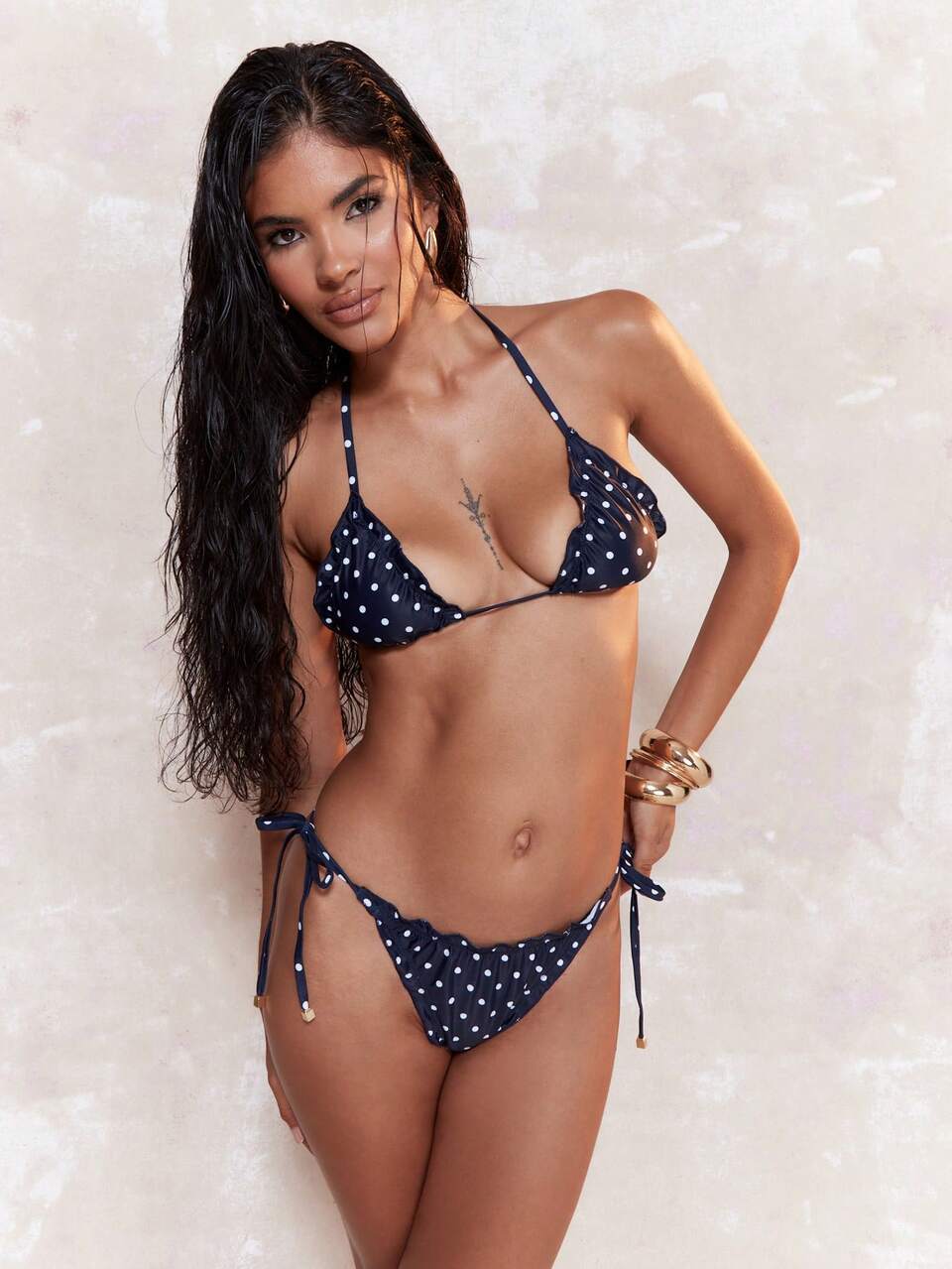 MISSGUIDED Beach Polka Dot Ruffle Edge Tie Detail Halter Neck Bikini Top Summer
