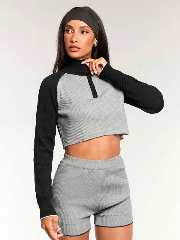 Forever 21 Spring And Autumn Casual Colorblock Patchwork Stand Collar Cropped Sweater