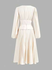 SHEIN Unity Women's Spring And Summer Elegant Solid Color Lantern Sleeve Pleated Hem Dress - Apricot - View 2