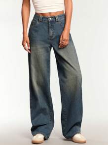 Forever 21 New Autumn Winter Retro Washed Wide Leg Classic Denim Jeans Pants - Blue - View 9