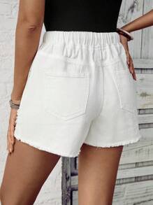 SHEIN LUNE Women Drawstring Waist Ripped Pocket Casual Denim Shorts - White - View 2