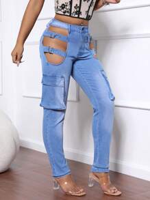 SHEIN SXY Enfärgade enkla, slitna Casual Jeans för kvinnor - Blå - Visa 3