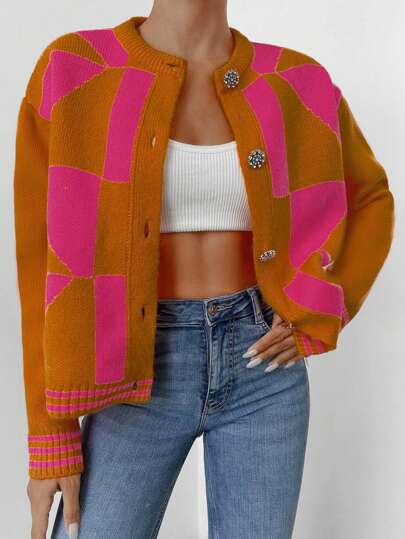 EURMUSE Geo Pattern Drop Shoulder Cardigan