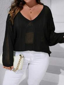 SHEIN LUNE Plus Size Casual Solid Color Hollow Out Knit Black Sweater, Spring Autumn - Black - View 6