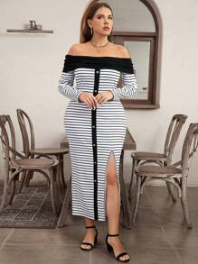 SHEIN LUNE Plus Size Off Shoulder Striped Long Sleeve Button Front Split Dress, Casual Wear