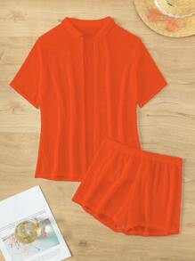 SHEIN Swim Summer Beach Women's Solid Color Simple Daily Hollow Out Cover Up 2pcs/Set - Burnt Orange - View 3