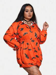 Warp Atelie Plus Size Artist Women's Y2K Halloween Bat Print Drop Shoulder Hoodie Sweatshirt, For Holiday, Festival, Workout, Western Wear