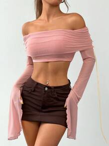 SHEIN EZwear 女士露肩长袖褶皱露肩网眼蝴蝶结修身优雅甜美时尚衬衫 - 粉色 - 查看 3