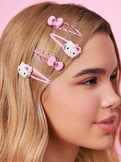 HELLO KITTY AND FRIENDS | SHEIN 4 st tecknade rosa rosett 3D hårspännen, hårspännen, hårspännen