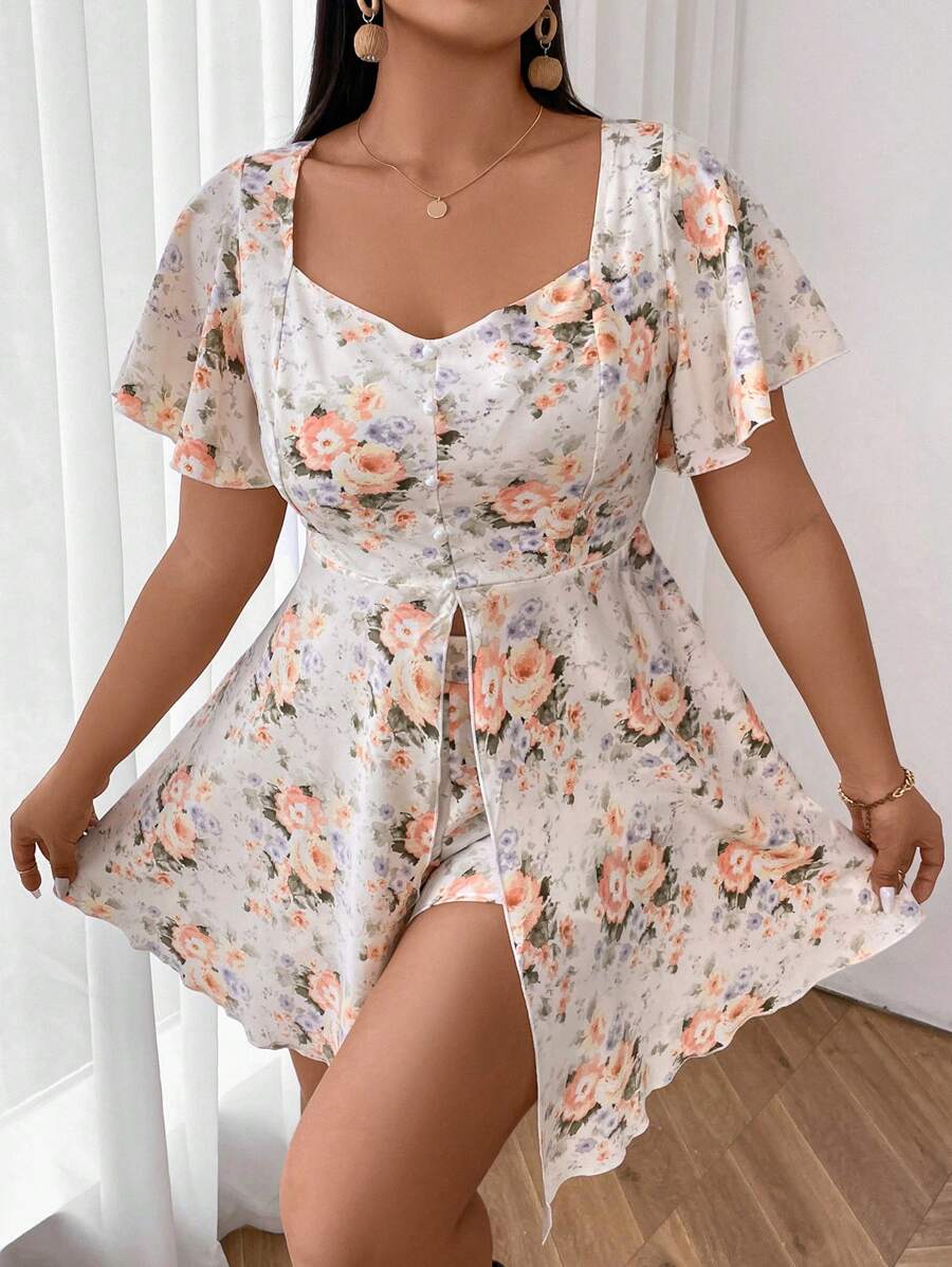 Flirla Bộ 2 chiếc Plus Size Áo ngắn tay và quần short in hoa Ditsy - Nhiều màu - Xem 1