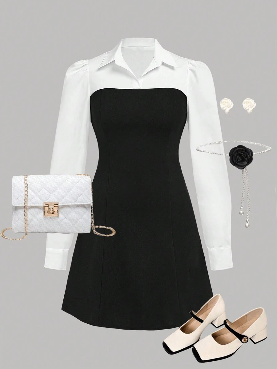 SHEIN Girlism 少女黑白色塊學院風畢業禮服 - 黑與白 - 查看 1