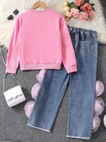 2pcs/Set Teen Girls Y2K Style Pink Long Sleeve Sweatshirt With 3D Floral Print & Denim Jeans, Fashion Outfit - Pink - View 2