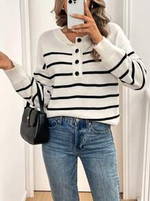 SHEIN LUNE Áo len nữ mùa thu đông tay dài vai rớt, kiểu dáng thường ngày, kẻ sọc, cài nửa khuy, chất liệu dệt kim. - trắng - Xem 6