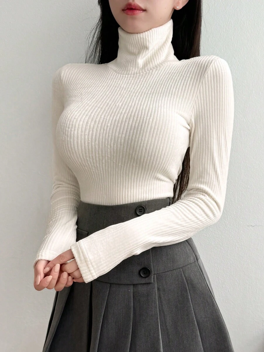 DAZY Women's Spring And Summer Solid Color High Neck Long Sleeve Ribbed Slim Fit T-Shirt Thermal Lined - White - View 1