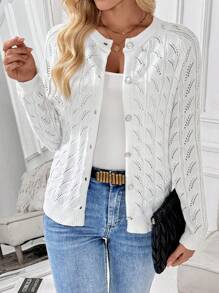 Chiquease Plain Front Button Long Sleeve Hollow Simple Casual Top - White - View 3