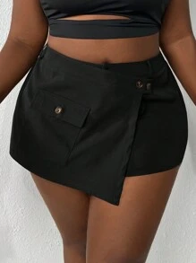 Slaydiva Plus Size Summer Sexy Solid Color Asymmetrical Wrap Shorts - Black - View 8