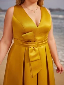 SHEIN Belle 加大码黄色缎面深 V 领蝴蝶结饰腰部大摆优雅派对正式晚礼服舞会婚礼宾客礼服，适合毕业典礼、晚宴 - 黃色 - 查看 4