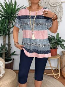 Fashion Striped Digital Print Round Neck Short Sleeve T-Shirt And Leggings 2pcs Outfit For Women, Casual