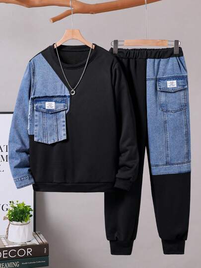 2pcs Teen Boy Denim Patchwork Crew Neck Sweatshirt And Black Pants Set, Casual Everyday Wear Chic Outfits For Autumn/Winter